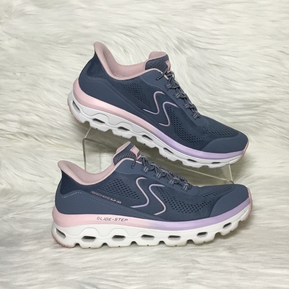 Skechers Women’s Glide-Step Sole Hands-Free Step-In Sneakers, Slate/Pink, 9.5
